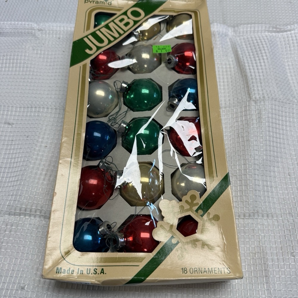 Vintage Pyramid Glass 18 Multi Color Shiny Balls Christmas Tree Ornaments USA